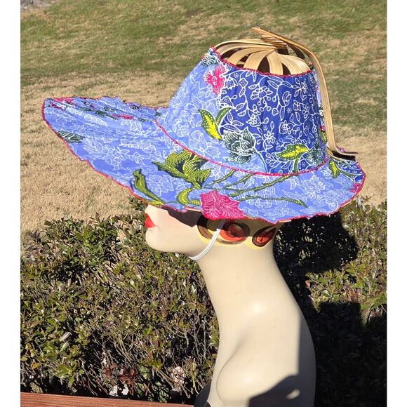 VTG Collapsible Bamboo Travel Hat Folding Packable Sun Hat Blue Floral Batik - Picture 4 of 11